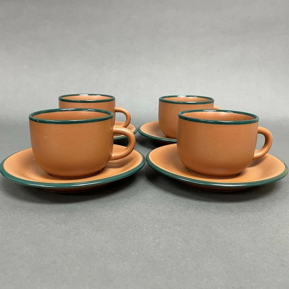 Vintage Brown Green‎ Trim Cups and Saucers Mexico? Lot of 8